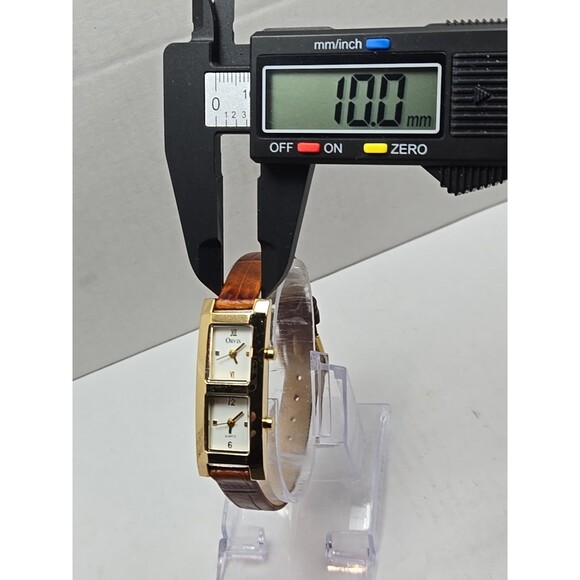 Womens Orvis Dual Time Tank Quartz Watch Gold Tone Brown Leather New Batteries - Picture 6 of 12